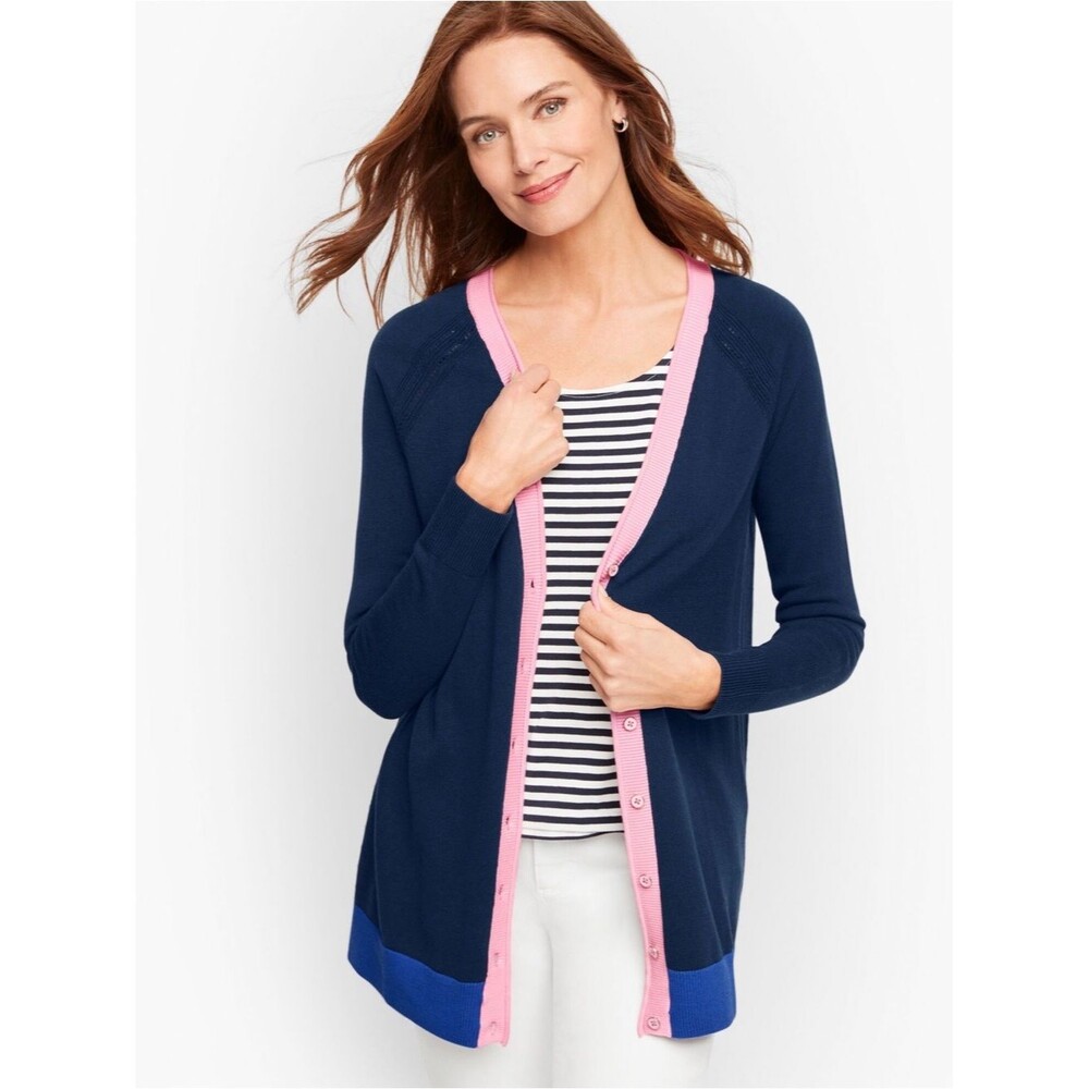 Talbots Colorblock Girlfriend Cardigan Navy Blue Size Large